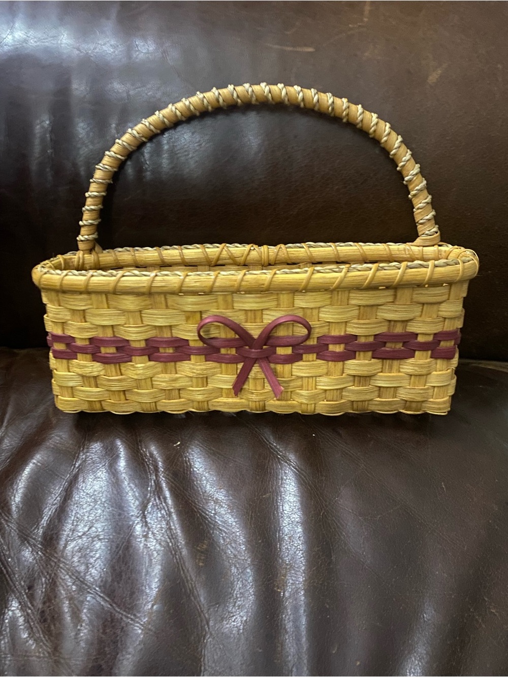 Handwoven Yellow and Burgundy Basket with Bow Accent
